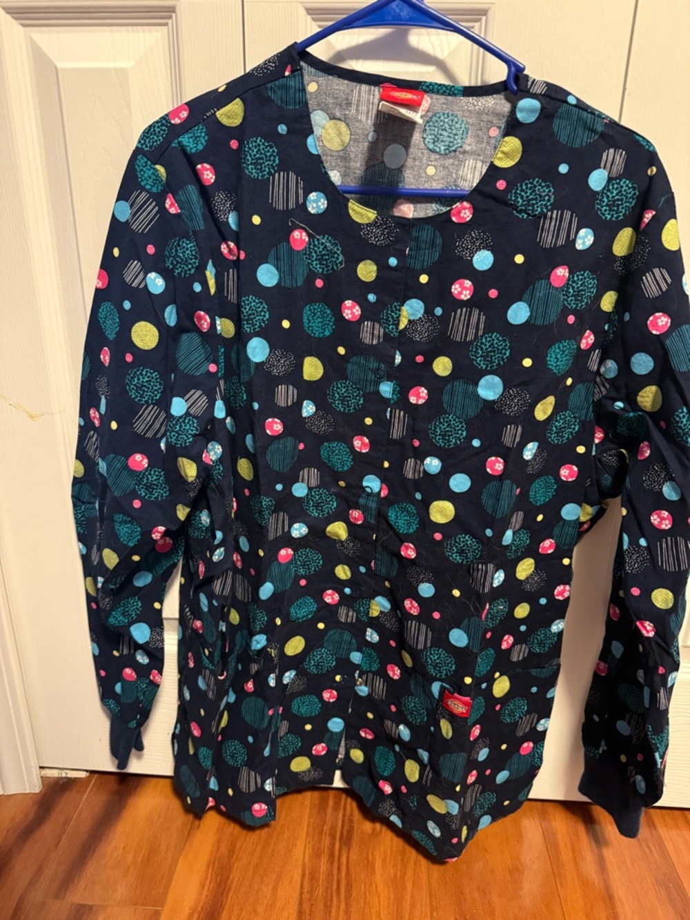 Dickies Navy Scrub Top with Teal, Aqua, Lime & Pink Dots